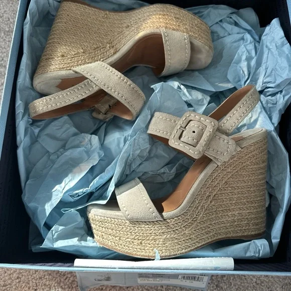 Prada Nude Suede Jute 4 inch Wedge Peep Toe Sandal 35.5 /  5.5 US $850 - Picture 14 of 14